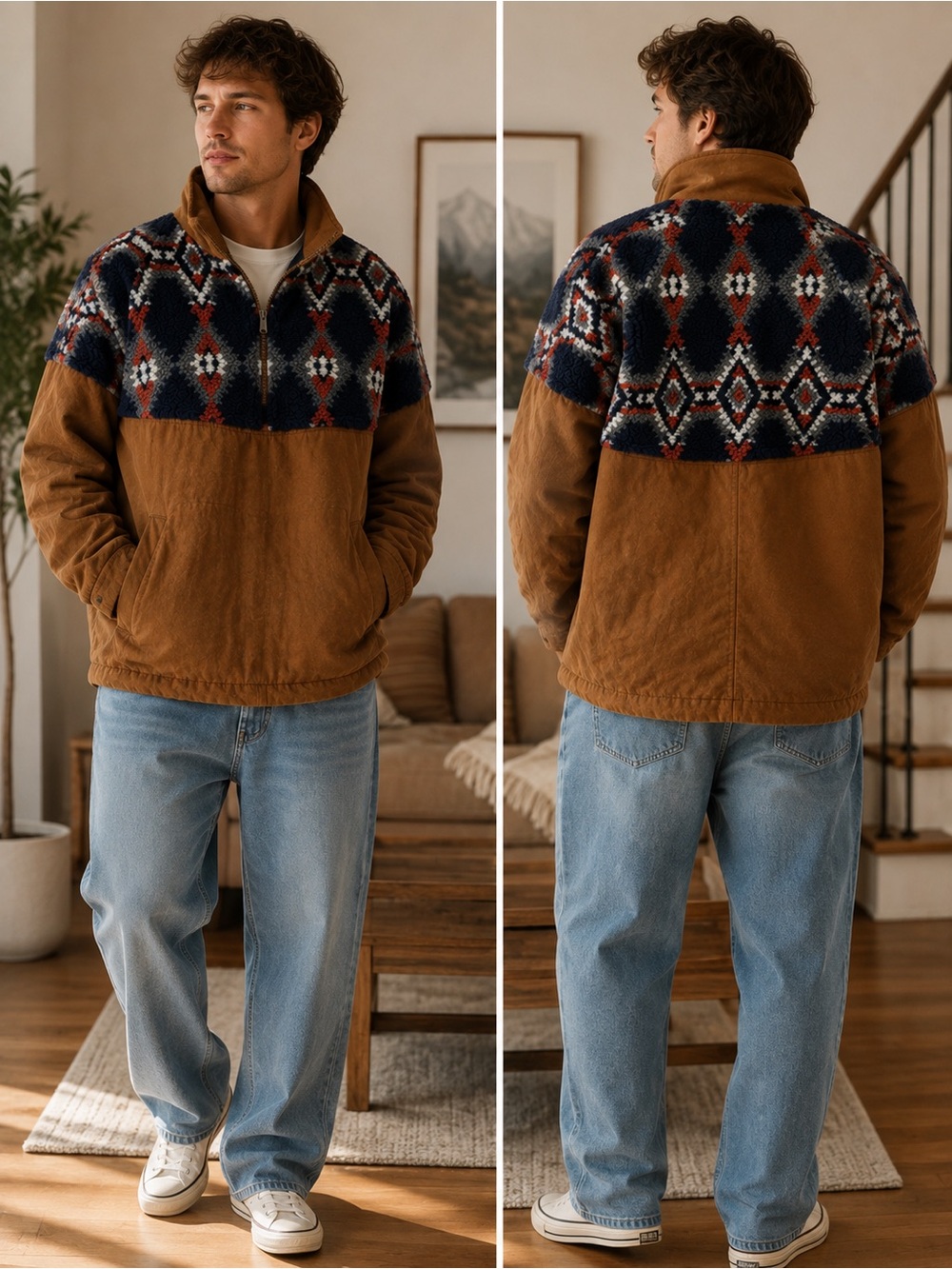 Men's Half-Zip Pullover with Aztec Knit Yoke - Brown & Navy